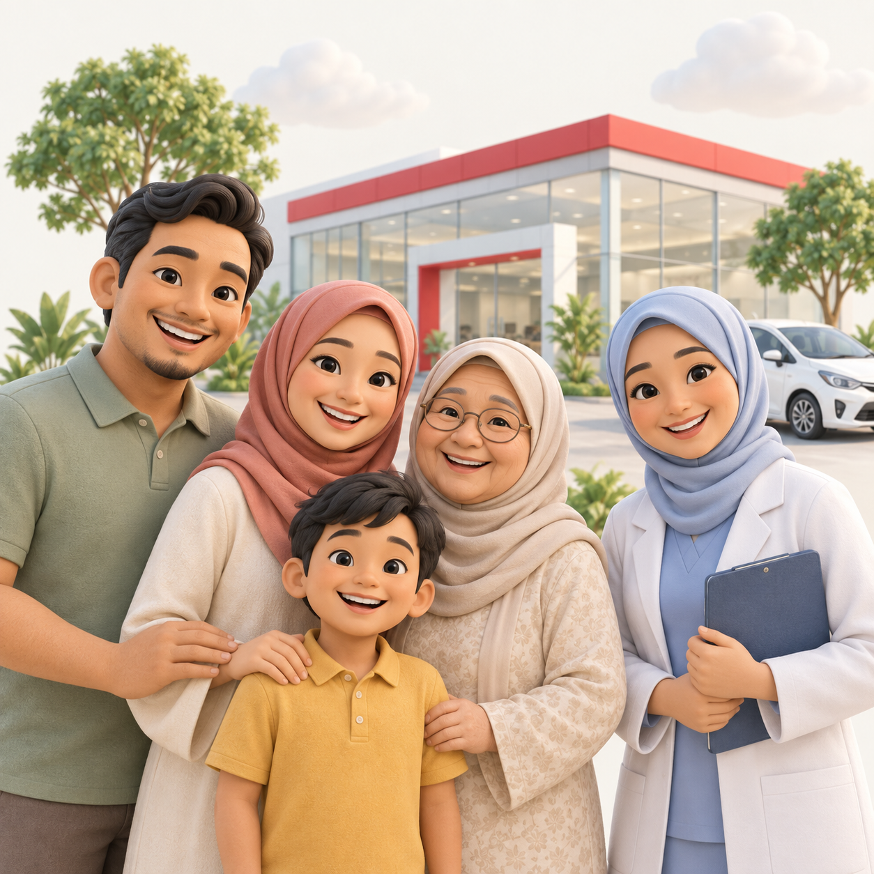 Ilustrasi keluarga Malaysia bersama petugas kesihatan di sebuah showroom kereta